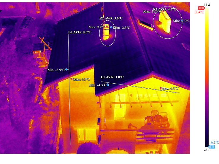 Obraz termowizyjny budynku wykonany dronem DJI Matrice 4T, ukazujący różnice temperatur wskazujące na potencjalne problemy z izolacją i szczelnością.